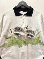 Vintage Artisans Design Raccoons & Dragonflies Collared Sweatshirt Front & Back Graphics with Pockets Sz L