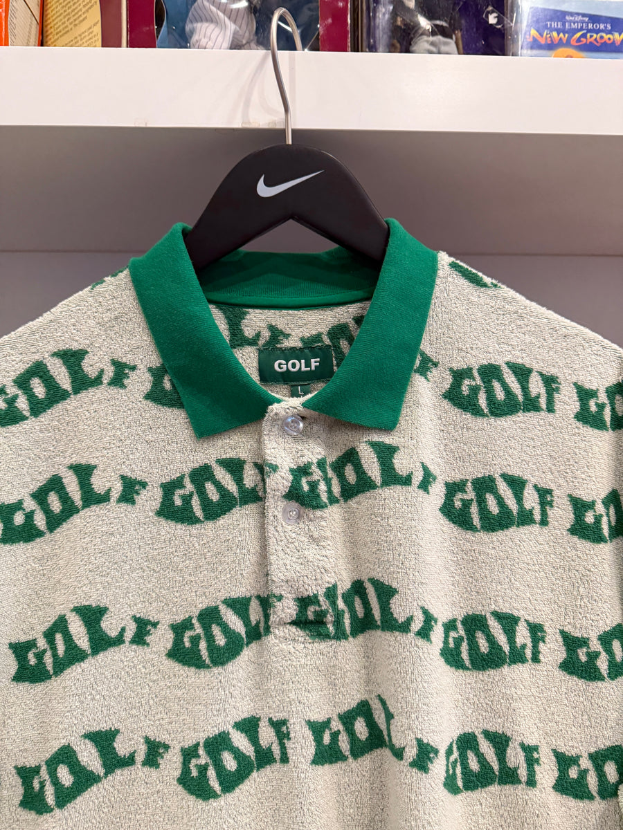 Wang Golf All Over Print Green & White Terry Cloth Polo Shirt Sz L