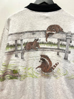 Vintage Artisans Design Raccoons & Dragonflies Collared Sweatshirt Front & Back Graphics with Pockets Sz L