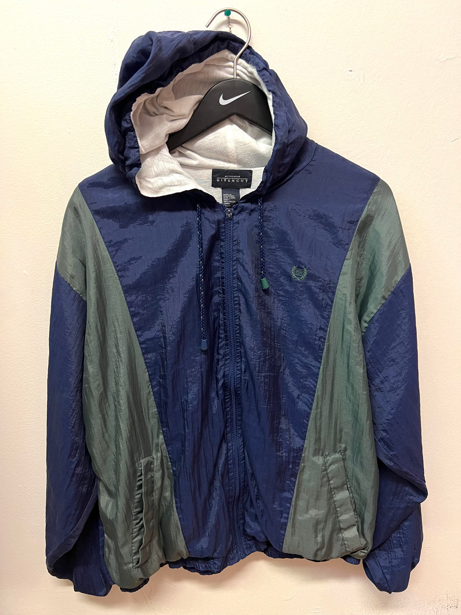 Vintage Givenchy Navy Blue Green Hooded Windbreaker Jacket Sz L
