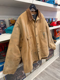 Vintage Carhartt Tan Workwear Duck Canvas Blanket Lined Chore Jacket Coat with Corduroy Collar Sz XL
