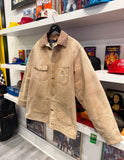 Vintage Carhartt Tan Workwear Duck Canvas Blanket Lined Chore Jacket Coat with Corduroy Collar Sz L