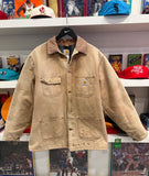 Vintage Carhartt Tan Workwear Duck Canvas Blanket Lined Chore Jacket Coat with Corduroy Collar Sz L