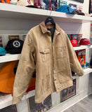 Vintage Carhartt Tan Workwear Duck Canvas Blanket Lined Chore Jacket Coat with Corduroy Collar Sz L