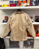 Vintage Carhartt Tan Workwear Duck Canvas Blanket Lined Chore Jacket Coat with Corduroy Collar Sz L