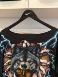 Vintage American Thunder Native American Wolf Headdress Lighting Bolts T Shirt Sz L Front and Back Graphics