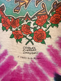 Vintage 1993 Grateful Dead Jester Seasons The Endless Tour Charles Everard Campbell Tie Dye T-Shirt Sz L Front and Back Graphics Made in USA