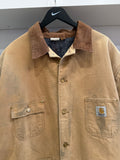 Vintage Carhartt Tan Workwear Duck Canvas Blanket Lined Chore Jacket Coat with Corduroy Collar Sz XL