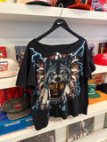 Vintage American Thunder Native American Wolf Headdress Lighting Bolts T Shirt Sz L Front and Back Graphics