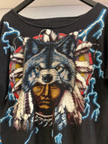 Vintage American Thunder Native American Wolf Headdress Lighting Bolts T Shirt Sz L Front and Back Graphics