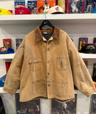 Vintage Carhartt Tan Workwear Duck Canvas Blanket Lined Chore Jacket Coat with Corduroy Collar Sz XL