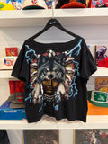 Vintage American Thunder Native American Wolf Headdress Lighting Bolts T Shirt Sz L Front and Back Graphics
