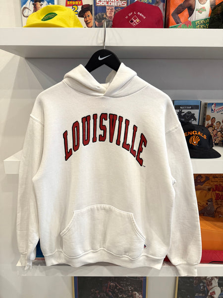 Vintage University of Louisville Russell Athletic White Hoodie Sz L Made in USA
