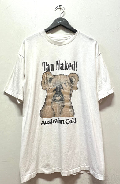Vintage Australian Gold Sun Lotion Tan Naked T-Shirt Sz XL