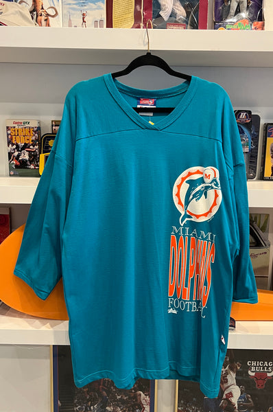 NWT Vintage 1993 Miami Dolphins Don’t Try This At Home Front & Back Graphics 3/4 Sleeve Jersey Style T-Shirt Sz L