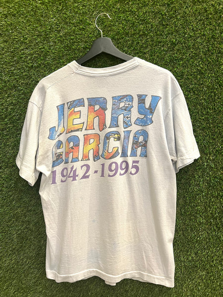 Vintage 1995 Jerry Garcia Desert Face Memorial Liquid Blue T-Shirt Vintage 1995 Jerry Garcia Desert Face Memorial Liquid Blue T-Shirt