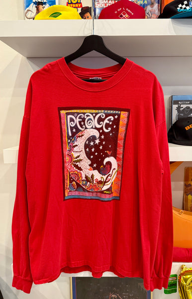 Vintage 90s Peace Moon Laurel Burch Red Long Sleeve T-Shirt Sz XL