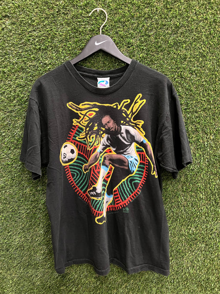 Vintage 1994 Bob Marley Playing Soccer Liquid Blue T-Shirt Sz L