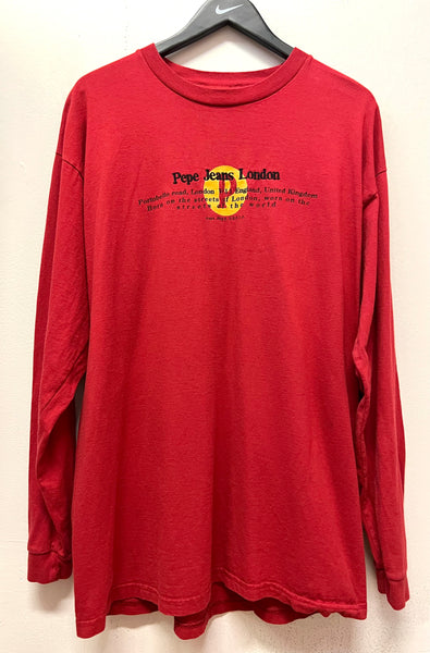Vintage Pepe Jeans London Red Long Sleeve T-Shirt Sz XL