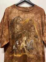 Vintage Horses Stallions Large Graphics Brown Tie Dye T-Shirt Sz XL