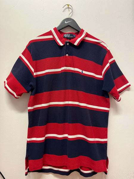 Blue polo shirt with sales red and white stripes