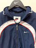 Vintage Nike Navy Blue, White, Orange Windbreaker Jacket with Large Swoosh on Back Sz M