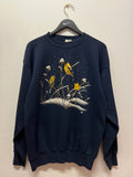 Vintage Bird Goldfinch Snow Winter Navy Blue Crewneck Sweatshirt Sz L