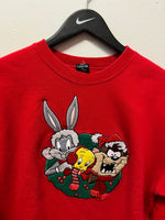 Vintage Looney Tunes Bugs Bunny, Tweety, Taz Christmas Wreath Embroidered Crewneck Sweatshirt Sz XS