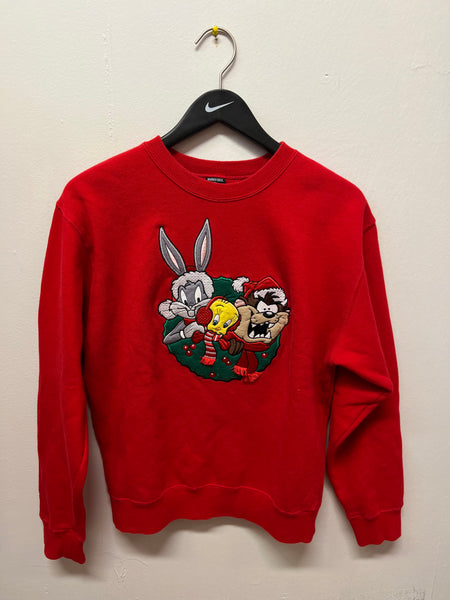 Vintage Looney Tunes Bugs Bunny, Tweety, Taz Christmas Wreath Embroidered Crewneck Sweatshirt Sz XS