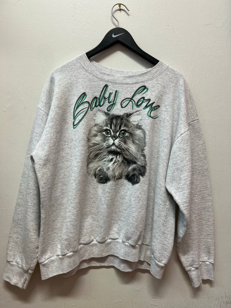 Vintage Green Eye Cat Baby Love Gray Crewneck Sweatshirt Sz XXL