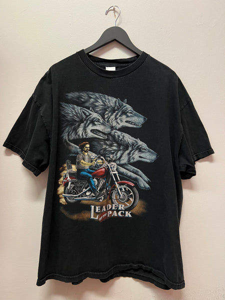 Vintage Leader of the Pack Wolf Motorcycle Large Graphics T-Shirt Sz 2XL