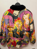 Vintage Colorful Silk & Faux Fur Bomber Jacket Sz L