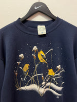 Vintage Bird Goldfinch Snow Winter Navy Blue Crewneck Sweatshirt Sz L