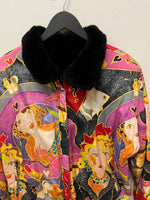 Vintage Colorful Silk & Faux Fur Bomber Jacket Sz L