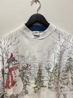 Vintage Snowman, Deer, Rabbit, Squirrel, Forest Winter Scene Crewneck Sweatshirt Sz L