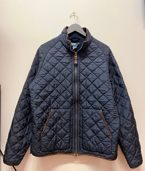 Polo by Ralph Lauren Navy Blue Quilted Fleece Lined Jacket with Leather Trim Sz XL