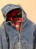 Carhartt Red Buffalo Plaid Flannel Lined Denim Jeans Hooded Zip Up Jacket Sz M