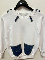 Vintage Custom Made White Crewneck Sweatshirt with Jeans Appliqués Sz M