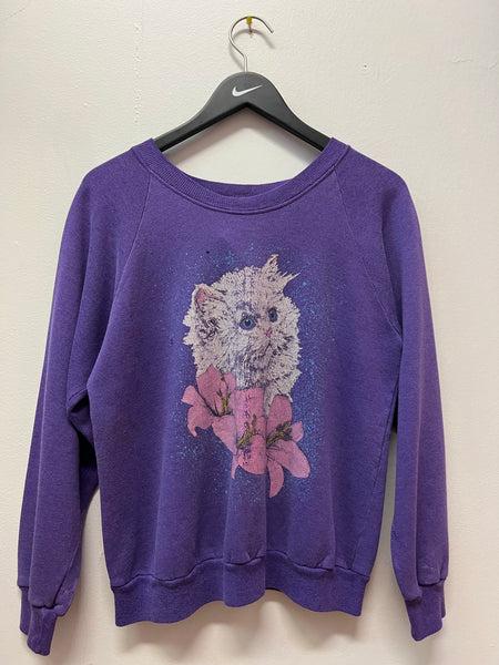 Vintage Cat & Flowers Purple Crewneck Sweatshirt Sz M
