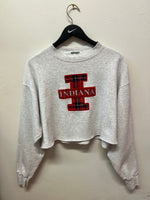 IU Indiana University Plaid Appliqué Embroidered Gray Cropped Sweatshirt Sz XL
